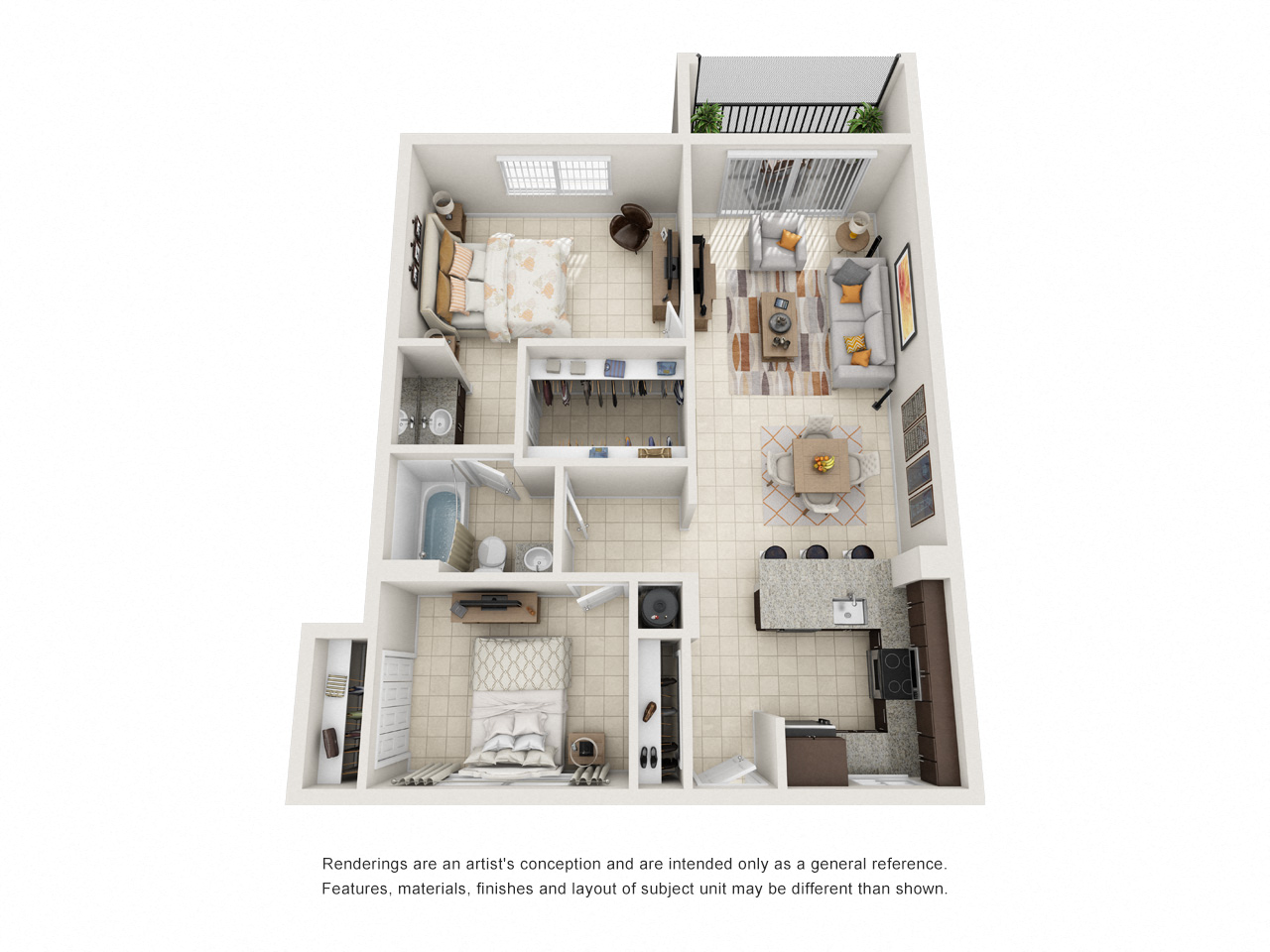 Floor plan for 2 beds, 1 bath, 974 sqft
